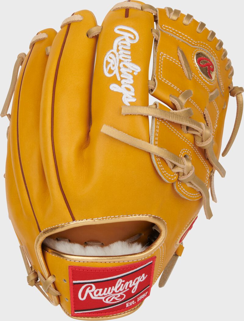 Tan back of a Shane Bieber Pro Preferred infield/pitcher's glove with a red Rawlings patch