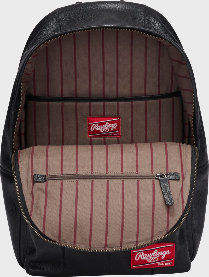 Inside view of a black Rawlings Strike Out backpack