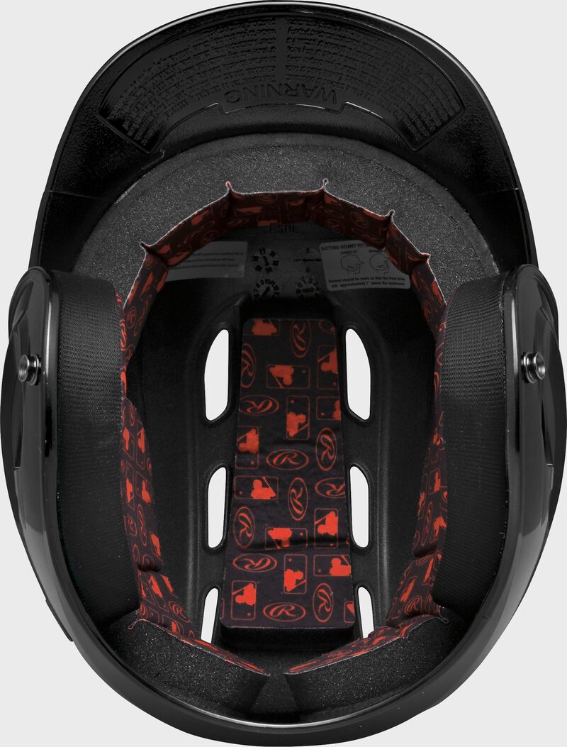 Inside padding of a black R16S senior size Velo batting helmet