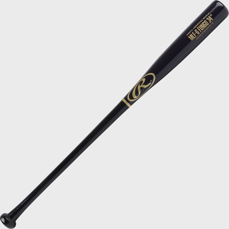 Angled view of a 34" Rawlings Maple fungo bat with a black handle and navy barrel - SKU: MLF5-B-N-34
