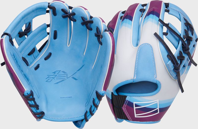 Two images showing the palm & back of a white/Columbia blue/navy Rawlings REV1X Francisco Lindor Infield glove