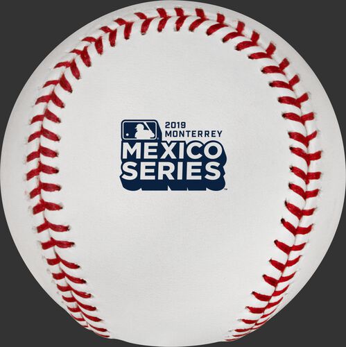 The official MLB Mexico Series 2019 logo stamped on the ROMLBMS19 baseball