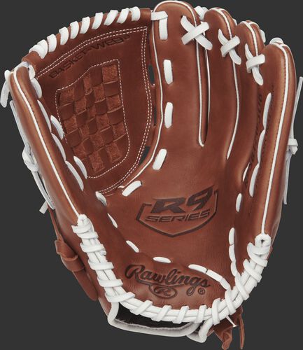 R9SB120-3DB Rawlings 12-inch softball glove with a brown palm and white laces
