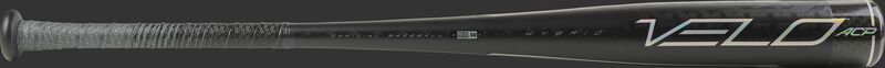 Barrel of a black BBZV3 2020 Velo ACP BBCOR bat -3 with silver accents and black/silver grip