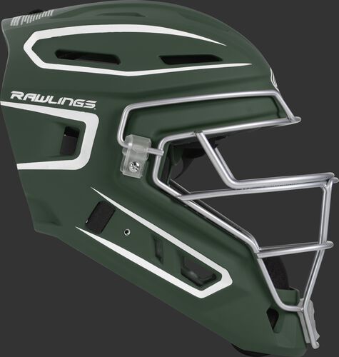 Right side of a dark green CHV27J Velo 2.0 youth size catcher's helmet