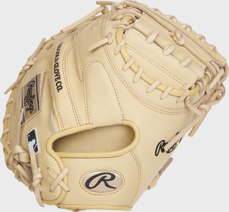 Camel back of a Heart of the Hide R2G 33" catcher's mitt with a camel oval R on the wrist - SKU: RSGPRORCM33C