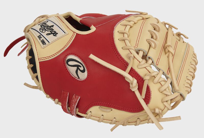 Scarlet thumb of an exclusive Pro Preferred 33-Inch catcher's mitt with a camel 1-piece solid web - SKU: PROSCM33CS