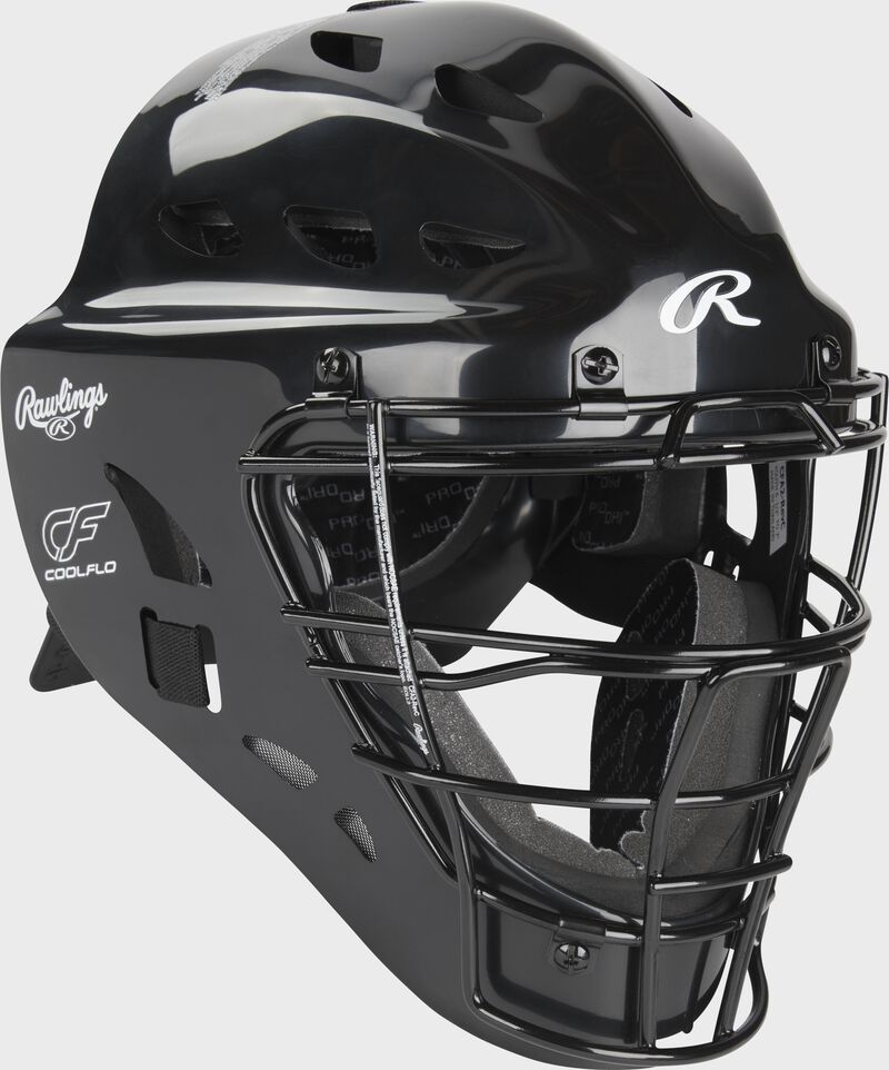 Front right of a black youth Players Series catcher's helmet