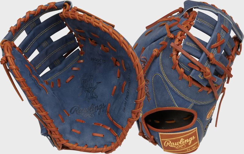 Two images showing the palm & back of a Heart of the Hide Pro Label Denim 1st base mitt