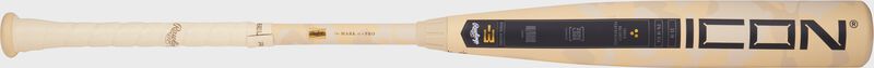 A tan camo Rawlings 2025 Icon BBCOR bat with the handle on the left and barrel on the right