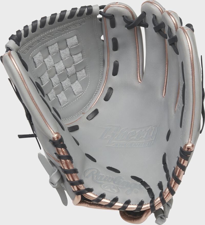 Gray palm of a Rawlings Liberty Advanced Color Series glove with black laces - SKU: RLA120-3GRG