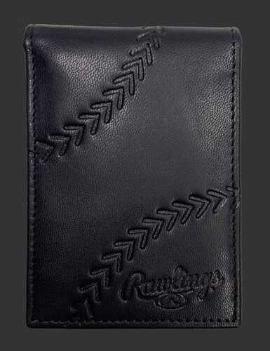 A black debossed stitch front pocket wallet with a baseball stitch design and Rawlings logo in the bottom right - SKU: PRW009-001