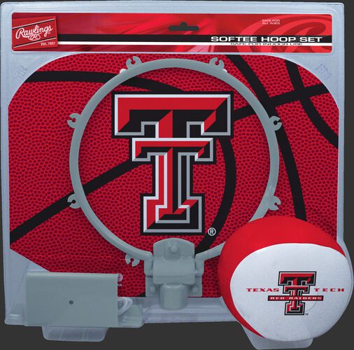 A red/grey NCAA Texas Tech Red Raiders hoop set with a red/white ball and team logo printed on the backboard