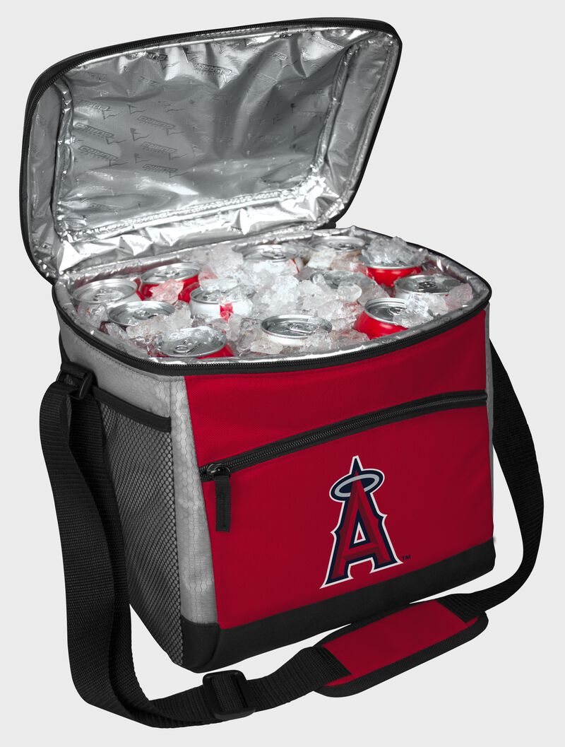 An open Los Angeles Angels 24 can cooler with ice and drinks