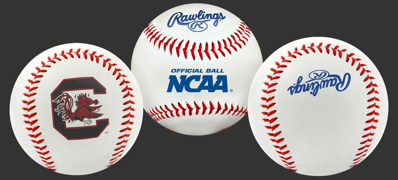 3 views of a NCAA South Carolina Gamecocks baseball with a team logo, NCAA logo and Rawlings logo