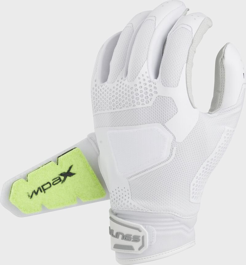 Back of a white fastpitch workhorse pro batting glove with the back strap open - SKU: FP2PBG-W