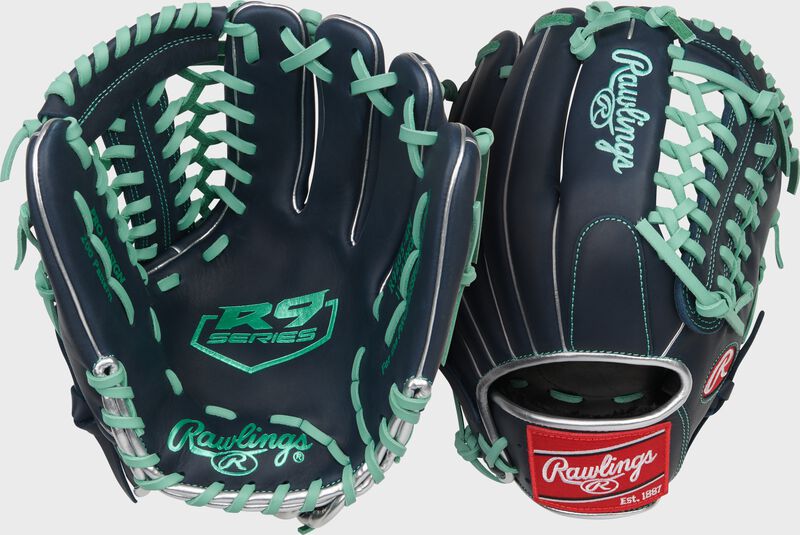 Two images showing the palm & back of a navy/mint R9 Series 11.75-Inch Baseball Glove loading=