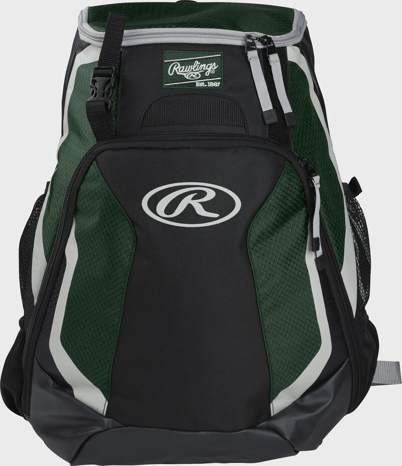 Front of a black/dark green R500 Rawlings Players team backpack with a Rawlings patch and white Oval R