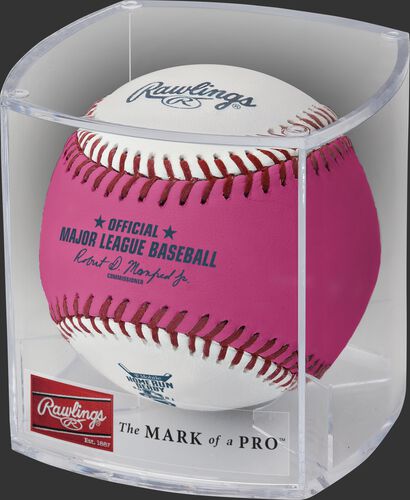 A pink/white 2021 MLB Home Run Derby money ball in a clear display cube - SKU: RSGEA-ROMLBHR21-R
