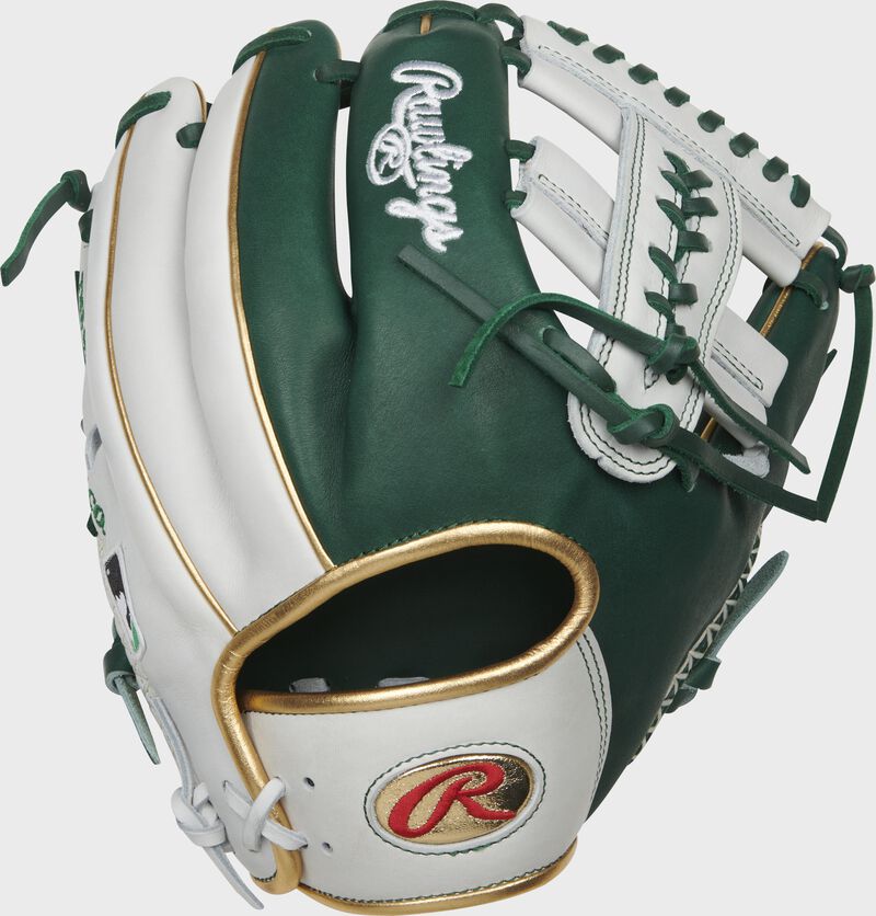 White/green back of a 2021 PRO-LUCKYV Heart of the Hide glove with a gold Oval-R on the wrist strap - SKU: RSGPRO-LUCKYV