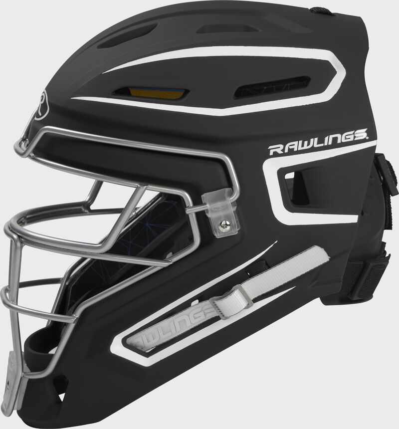 Left side of a black/white CHMCHS Rawlings senior hockey style Mach catcher's helmet