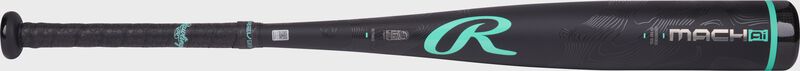 Side image of a black Rawlings Mach AI -8 USSSA bat with a mint "R" logo above the handle