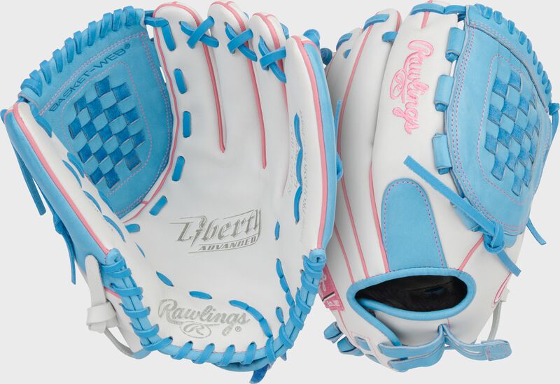 Two images showing the palm & back of a white/Columbia blueLiberty Advanced 12.5-inch Fastpitch Softball Glove loading=