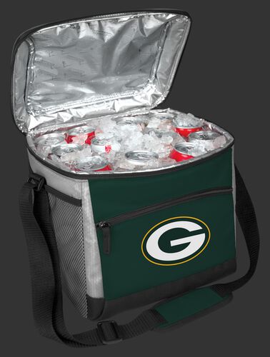 An open Green Bay Packers 24 can cooler filled with ice and drinks - SKU: 10211068111