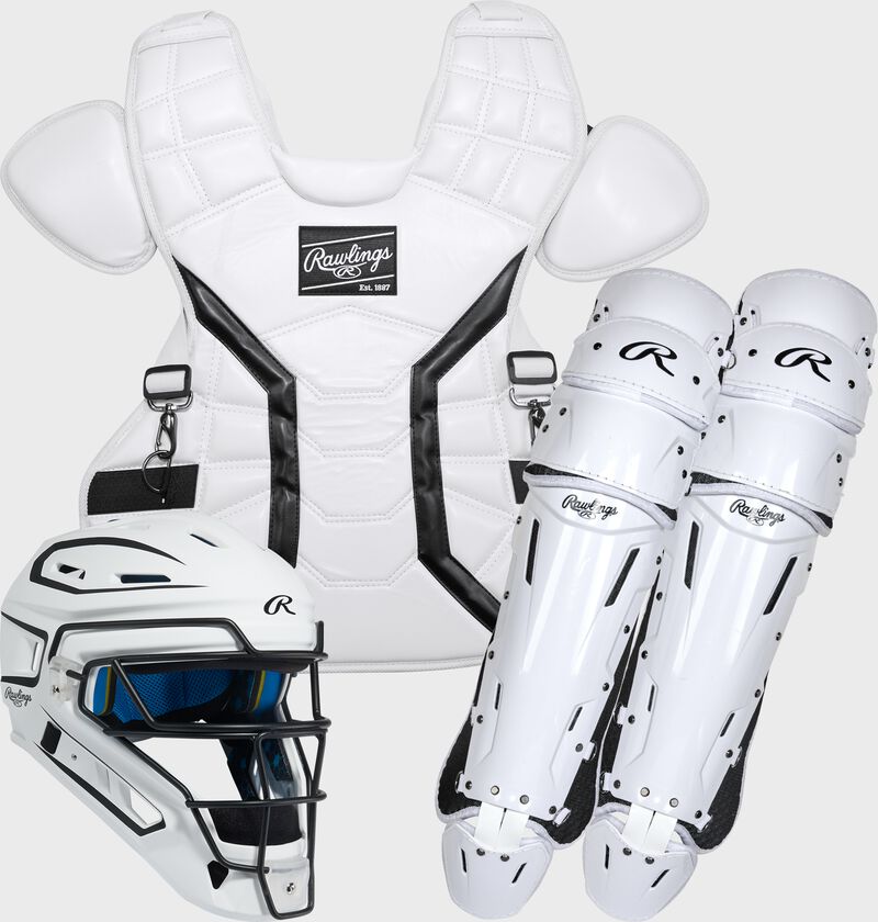 A white Mach Pro Series Catcher's set with a helmet, chest protector, and leg guards
