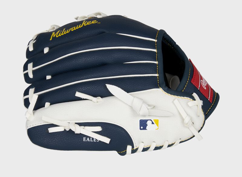 Back of a navy/white Rawlings Milwaukee Brewers youth glove with the MLB logo on the pinky - SKU: 22000006111