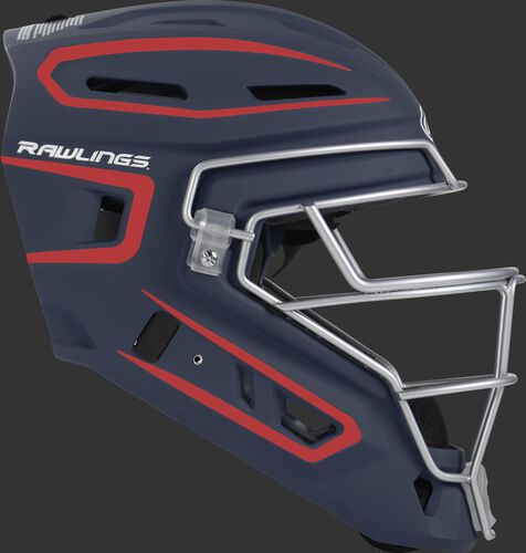 Right side of a navy/scarlet CHV27J Velo 2.0 youth size catcher's helmet