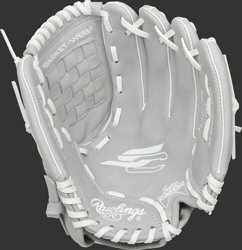 SCSB110M Rawlings Sure Catch youth fastpitch glove with a grey palm and white laces