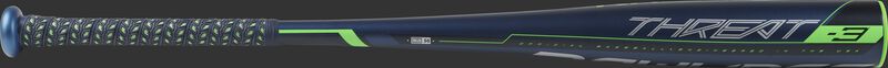 Barrel view of a BB9T3 2019 BBCOR Threat one-piece alloy baseball bat with a navy barrel and grey/green accents