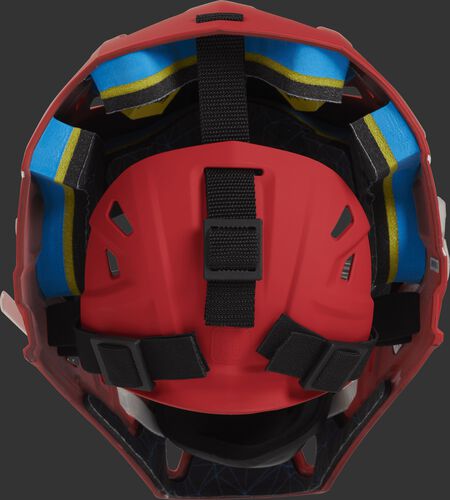 Adjustable back plate of a scarlet CHMCHJ Mach hockey style catcher's mask