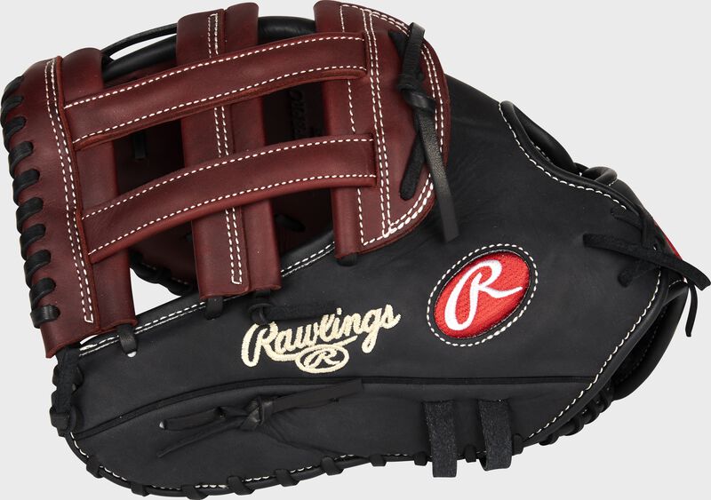 Thumb of a black left handed exclusive 12-inch Heart of the Hide 1st base mitt with a burgundy H-web - SKU: PROSC5PB