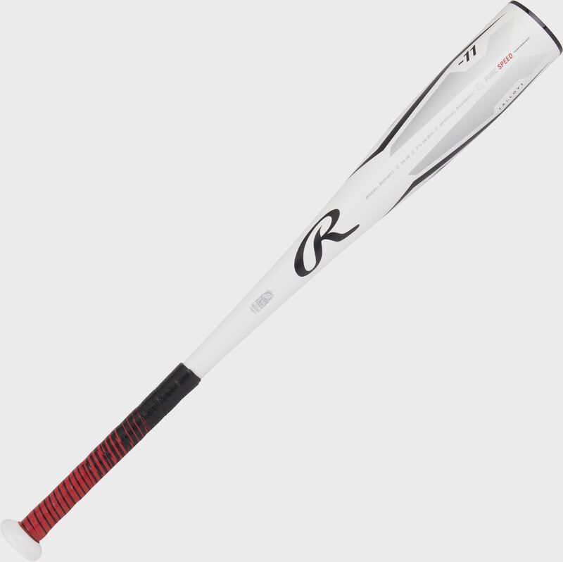 A white Rawlings Peak youth coach pitch bat shown angled bottom left to top right - SKU: RUT4P11