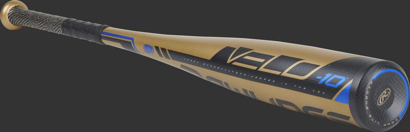 3/4 angle view of a UT9V10 Rawlings USSSA Velo baseball bat with a gold barrel and black end cap