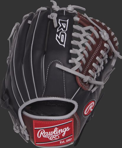 R9205-4BSG 11.75-inch R9 Series mod trap glove with a black back and grey binding and welting