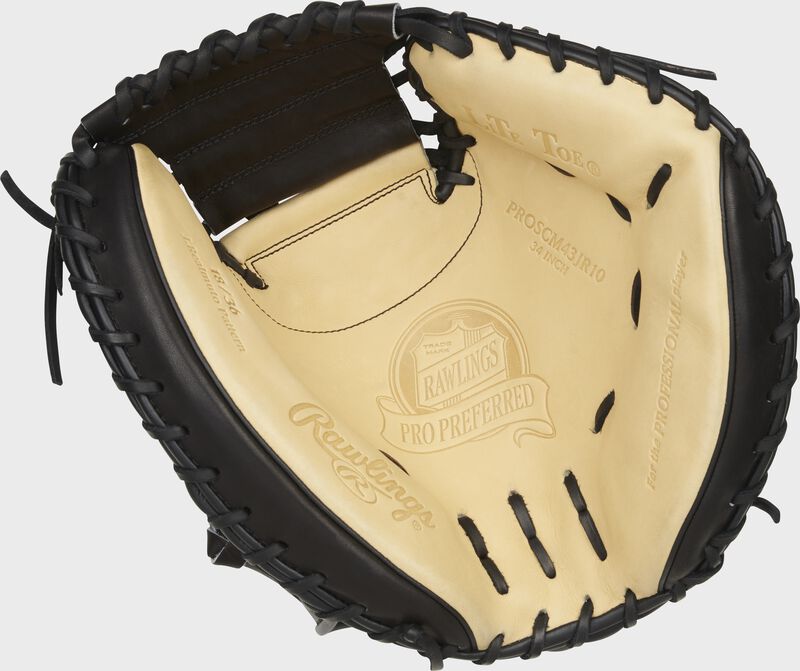 Camel palm of a Rawlings J.T. Realmuto catcher's mitt with black laces - SKU: PROSCM43JR10