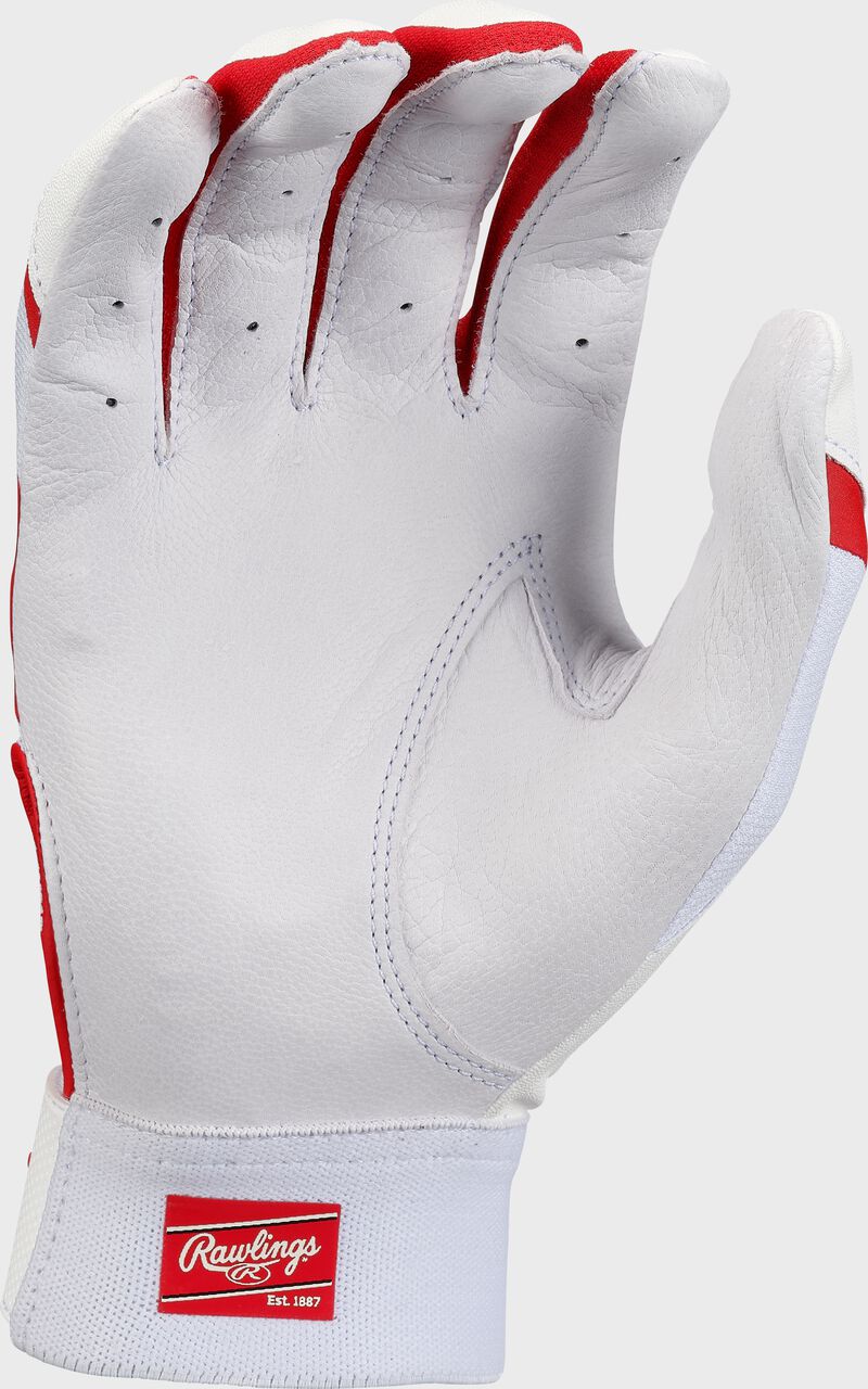 White palm of a white/scarlet Rawlings 5150 II batting glove - SKU: 5150IIBG-WHSC