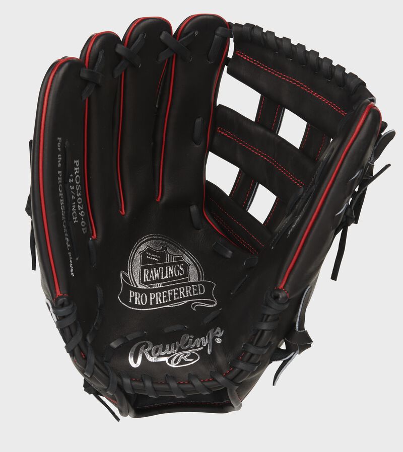 Black palm of a Pro Preferred 12.75-Inch outfield glove with silver stamping and black laces - SKU: PROS3029-6B
