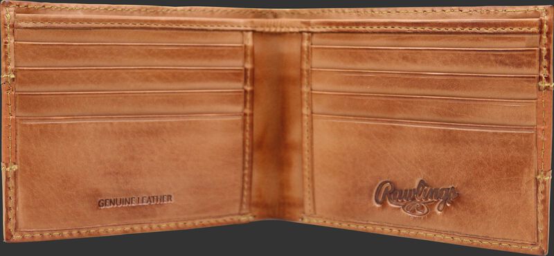Inside of a tan RW80004-001 Rawlings bi-fold wallet with 8 credit card slots
