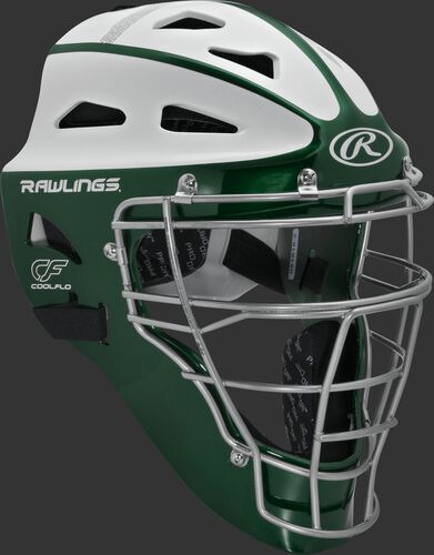 Front right of a dark green/white SBCHVEL Rawlings adult Velo softball catcher's helmet