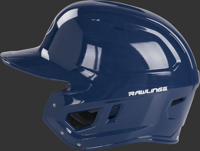 Left side of a MCH01A Rawlings Mach batting helmet with a black shell
