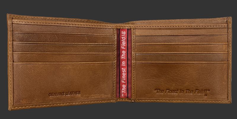Inside of a tan Rawlings debossed stich bi-fold wallet with multiple credit card slots - SKU: RPW007-204