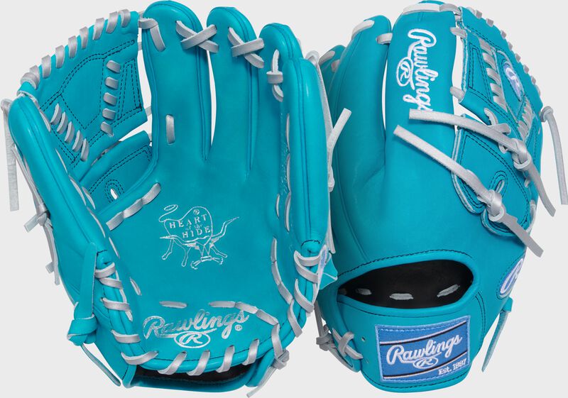 Two images showing the pam & back of a teal Rawlings Heart of the Hide 11.75-Inch Infield/Pitcher's Glove