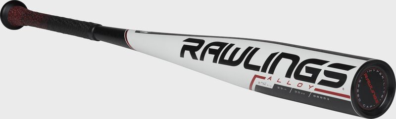 3/4 angle view of a BB953 Rawlings BBCOR one-piece alloy baseball bat with a white barrel and black end cap