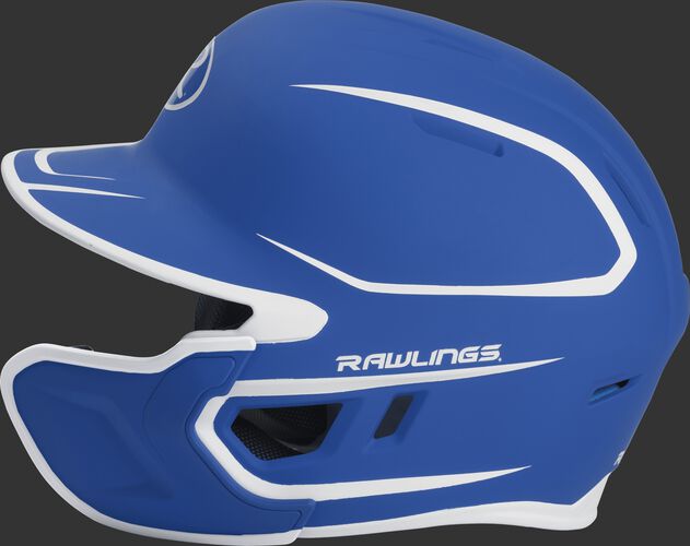 Left side of a two-tone MACHEXTR Rawlings MACH helmet with EXT extension piece for right hand batters