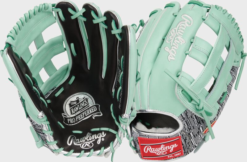 2 images showing the palm and back of a Gameday 57 Series Byron Buxton Pro Preferred outfield glove
