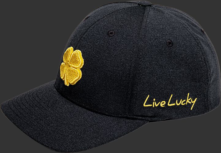 Left angle view of a heather black Rawlings Black Clover Gold Glove fitted hat with "Live Lucky" in gold - SKU: BCR1GG0571